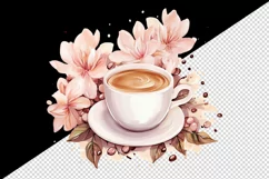 Watercolor coffee and pink flowers floral 20 oz tumbler skinny mug wrap clipart t-shirt sublimation printable design