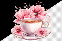 Watercolor coffee and pink flowers floral 20 oz tumbler skinny mug wrap clipart t-shirt sublimation printable design