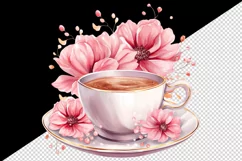 Watercolor coffee and pink flowers floral 20 oz tumbler skinny mug wrap clipart t-shirt sublimation printable design