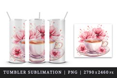Watercolor coffee and pink flowers floral 20 oz tumbler skinny mug wrap clipart t-shirt sublimation printable design