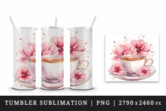 Watercolor coffee and pink flowers floral 20 oz tumbler skinny mug wrap clipart t-shirt sublimation printable design