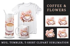 Watercolor coffee and pink flowers floral 20 oz tumbler skinny mug wrap clipart t-shirt sublimation printable design