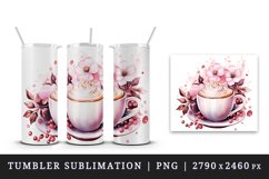 Watercolor coffee and pink flowers floral 20 oz tumbler skinny mug wrap clipart t-shirt sublimation printable design