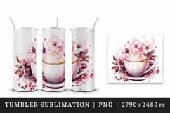 Watercolor coffee and pink flowers floral 20 oz tumbler skinny mug wrap clipart t-shirt sublimation printable design