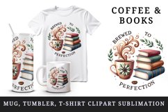 Watercolor coffee mug aromatic swirls books Brewed to Perfection quote print 20oz tumbler skinny mug wrap clipart t-shirt sublimation printable design
