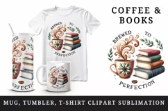 Watercolor coffee mug aromatic swirls books Brewed to Perfection quote print 20oz tumbler skinny mug wrap clipart t-shirt sublimation printable design