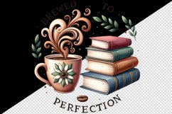 Watercolor coffee mug aromatic swirls books Brewed to Perfection quote print 20oz tumbler skinny mug wrap clipart t-shirt sublimation printable design