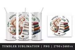 Watercolor coffee mug aromatic swirls books Brewed to Perfection quote print 20oz tumbler skinny mug wrap clipart t-shirt sublimation printable design