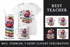 Watercolor colorful books apple glasses World Best Teacher quote print 20 oz tumbler skinny mug wrap clipart t-shirt sublimation printable design