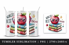 Watercolor colorful books apple glasses World Best Teacher quote print 20 oz tumbler skinny mug wrap clipart t-shirt sublimation printable design