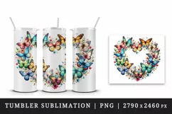 Watercolor colorful butterflies forming heart shape Love Valentine Day print 20oz tumbler skinny mug wrap clipart t-shirt sublimation printable design