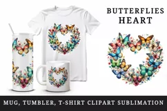 Watercolor colorful butterflies forming heart shape Love Valentine Day print 20oz tumbler skinny mug wrap clipart t-shirt sublimation printable design