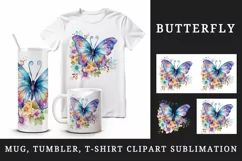 Watercolor colorful butterfly floral sparkle flowers insect diamonds 20 oz tumbler skinny mug wrap clipart t-shirt sublimation printable design