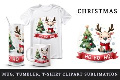 Watercolor colorful cute Christmas tree reindeer snow Ho Ho Ho quote print 20 oz tumbler skinny mug wrap clipart t-shirt sublimation printable design