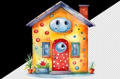 Watercolor colorful cute happy house with polka dot sublimation print designs and clipart bundle
