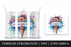 Watercolor colorful floral bouquet in ice cream cone flowers summer print 20 oz tumbler skinny mug wrap clipart t-shirt sublimation printable design