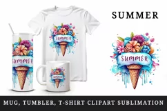 Watercolor colorful floral bouquet in ice cream cone flowers summer print 20 oz tumbler skinny mug wrap clipart t-shirt sublimation printable design