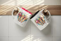 Watercolor colorful ice cream scoops in waffle cones with fruits summer print tumbler skinny mug wrap clipart t-shirt sublimation printable design