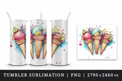 Watercolor colorful ice cream scoops in waffle cones with fruits summer print tumbler skinny mug wrap clipart t-shirt sublimation printable design