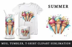 Watercolor colorful ice cream scoops in waffle cones with fruits summer print tumbler skinny mug wrap clipart t-shirt sublimation printable design