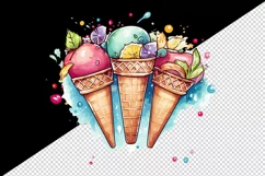 Watercolor colorful ice cream scoops in waffle cones with fruits summer print tumbler skinny mug wrap clipart t-shirt sublimation printable design