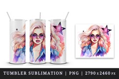 Watercolor cool glamour beautiful woman girl sunglasses glamorous style 20 oz tumbler skinny mug wrap clipart t-shirt sublimation printable design