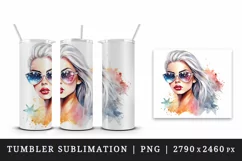 Watercolor cool glamour beautiful woman girl sunglasses glamorous style 20 oz tumbler skinny mug wrap clipart t-shirt sublimation printable design