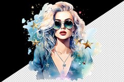 Watercolor cool glamour beautiful woman girl sunglasses glamorous style 20oz tumbler skinny mug wrap clipart t-shirt sublimation printable design