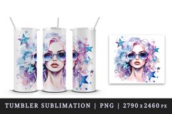 Watercolor cool glamour beautiful woman girl sunglasses glamorous style 20oz tumbler skinny mug wrap clipart t-shirt sublimation printable design