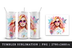 Watercolor cool glamour beautiful woman girl sunglasses glamorous style 20oz tumbler skinny mug wrap clipart t-shirt sublimation printable design