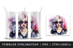 Watercolor cool glamour beautiful woman girl sunglasses glamorous style 20oz tumbler skinny mug wrap clipart t-shirt sublimation printable design