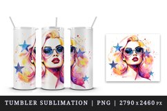 Watercolor cool glamour beautiful woman girl sunglasses glamorous style 20oz tumbler skinny mug wrap clipart t-shirt sublimation printable design