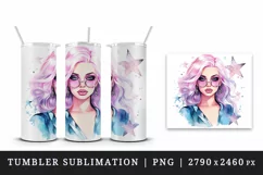 Watercolor cool glamour beautiful woman girl sunglasses glamorous style 20oz tumbler skinny mug wrap clipart t-shirt sublimation printable design