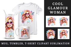 Watercolor cool glamour beautiful woman girl sunglasses glamorous style 20oz tumbler skinny mug wrap clipart t-shirt sublimation printable design