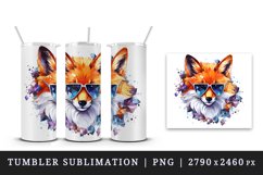 Watercolor cool glamour fox superstar wild animal sparkle sunglasses print 20 oz tumbler skinny mug wrap clipart t-shirt sublimation printable design