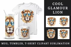 Watercolor cool glamour lion funny superstar wild animal sunglasses print 20 oz tumbler skinny mug wrap clipart t-shirt sublimation printable design