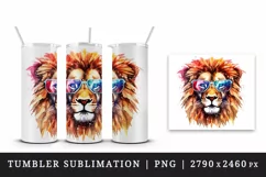 Watercolor cool glamour lion superstar wild animal sunglasses stars print 20 oz tumbler skinny mug wrap clipart t-shirt sublimation printable design