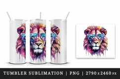 Watercolor cool glamour lion superstar wild animal sunglasses stars print 20 oz tumbler skinny mug wrap clipart t-shirt sublimation printable design