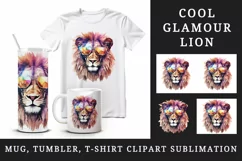 Watercolor cool glamour lion superstar wild animal sunglasses stars print 20 oz tumbler skinny mug wrap clipart t-shirt sublimation printable design