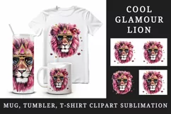 Watercolor cool glamour lion superstar wild animal sunglasses stars print 20 oz tumbler skinny mug wrap clipart t-shirt sublimation printable design