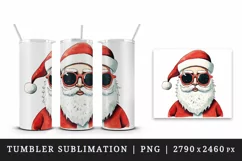 Watercolor cool Santa Claus sunglasses Christmas hat New Year winter snow 20 oz tumbler skinny mug wrap clipart t-shirt sublimation printable design