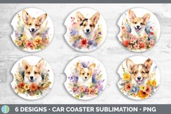 Bundle of six Wild Flowers Corgis Car Coaster designs.