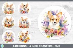 Bundle of six Wild Flowers Corgis Round Coaster designs.