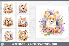 Bundle of six Wild Flowers Corgis Square Coaster designs.