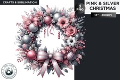 Pink &amp; Silver Christmas wreath clipart PNG Product Image 1