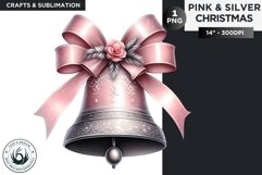 Watercolor Pink &amp; Silver Christmas bell Clipart PNG Product Image 1