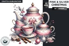 Cottage core Pink &amp; Silver christmas tea time clipart PNG Product Image 1