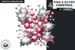 Watercolor Pink &amp; Silver Christmas holly Clipart PNG Product Image 1