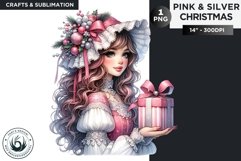 Watercolor Pink &amp; Silver Christmas Girl Clipart PNG Product Image 1