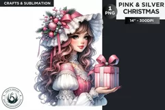 Watercolor Pink & Silver Christmas Girl Clipart PNG Product Image 1